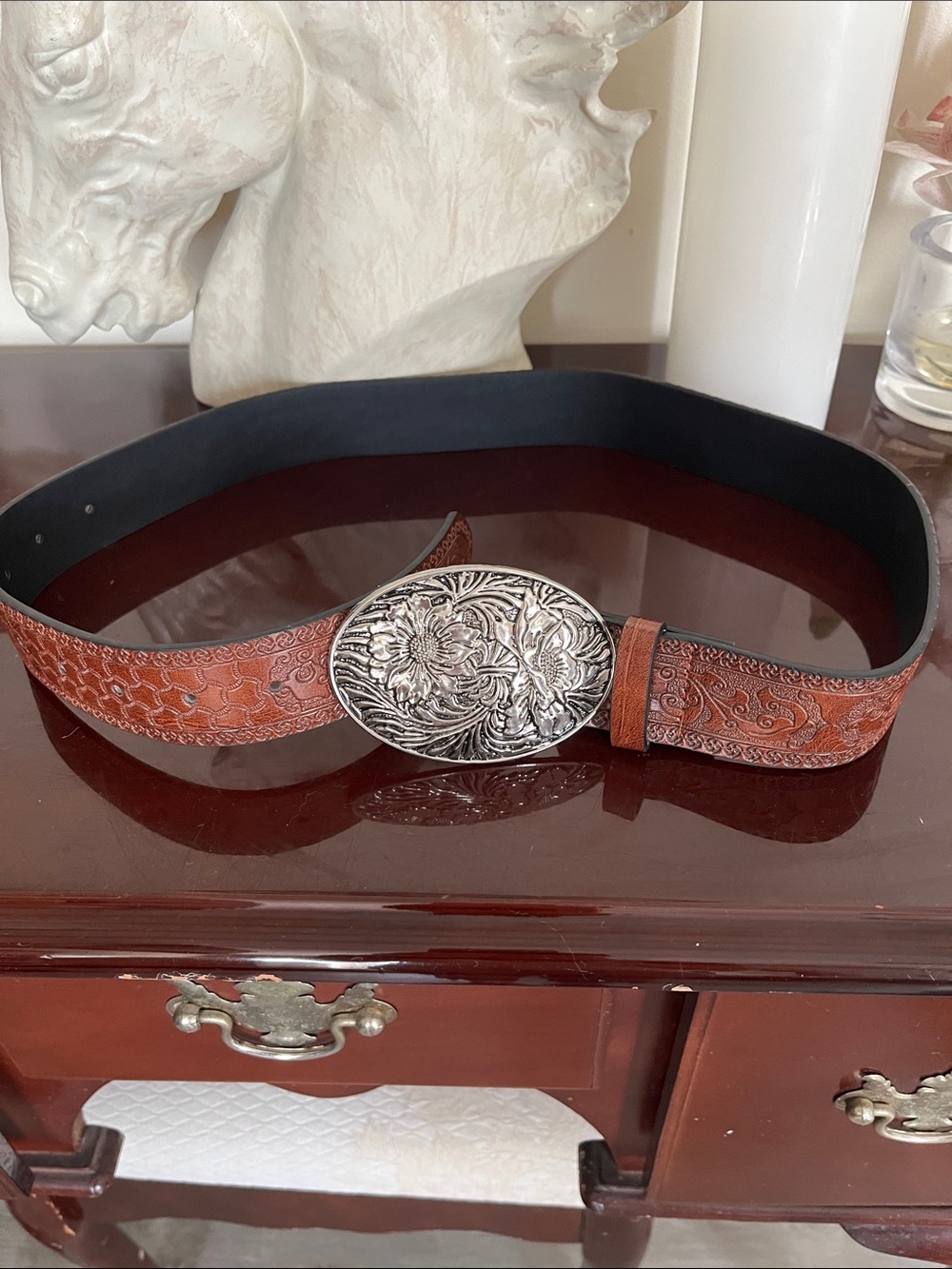 Tooled Brown western Women's Belt with Ornate Silver Floral Buckle